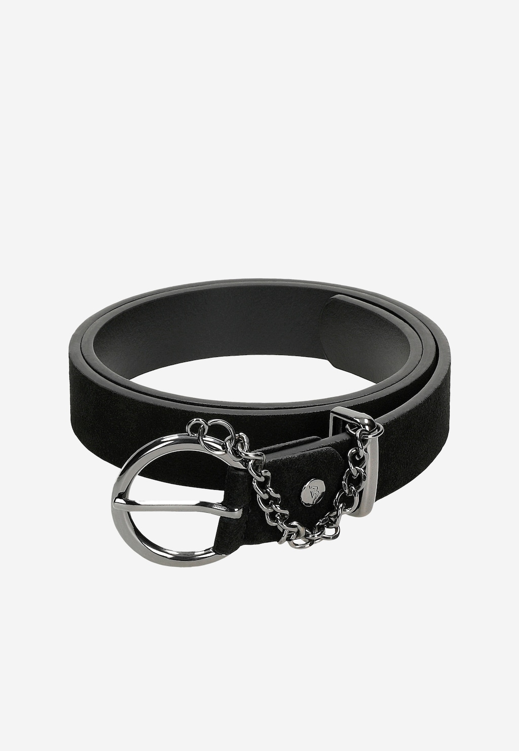 Czarny welurowy pasek damski Wojas model 93060-71 z okrągłą metalową klamrą i ozdobnym łańcuszkiem, eleganckie wykończenie ze srebrnym logo marki.