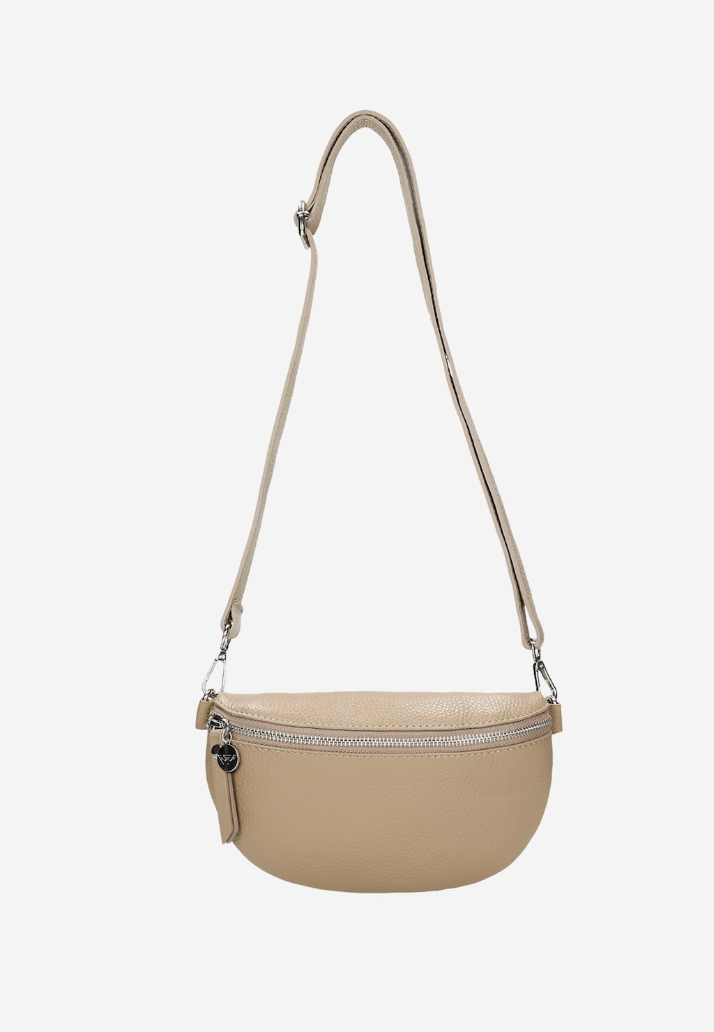 Beżowa nerka damska Wojas 80099-54 z naturalnej skóry licowej, z regulowanym paskiem na ramię, srebrnym zamkiem błyskawicznym i metalowymi elementami.