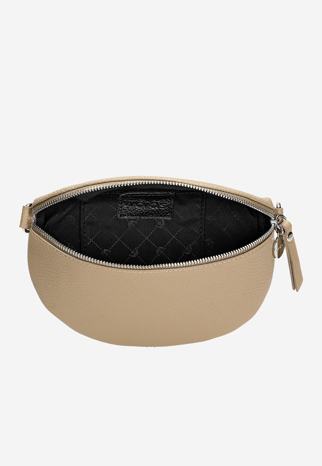 Beżowa nerka Wojas 80099-54 z naturalnej skóry licowej z otwartym suwakiem ukazującym czarną pikowaną podszewkę i logo marki. Widoczna metalowa zawieszka przy zamku.