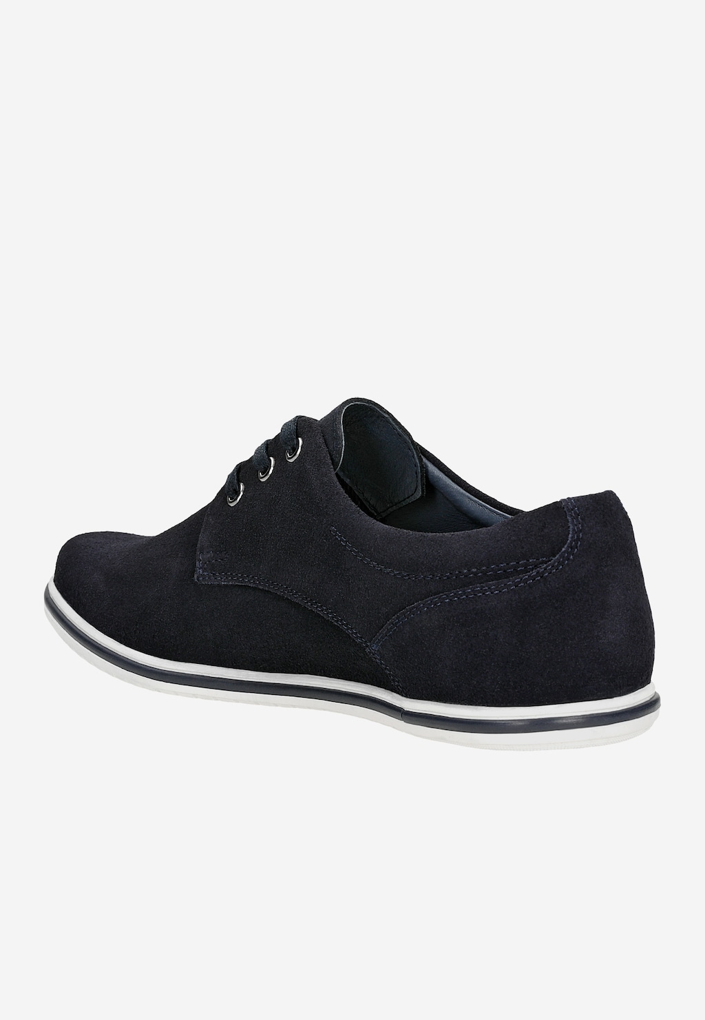 Granatowe sneakersy męskie Wojas 10019A-11 z dwoiny welurowej, widok z boku. But ma charakterystyczną białą podeszwę z granatowym paskiem i trzy metalowe oczka na sznurówki.