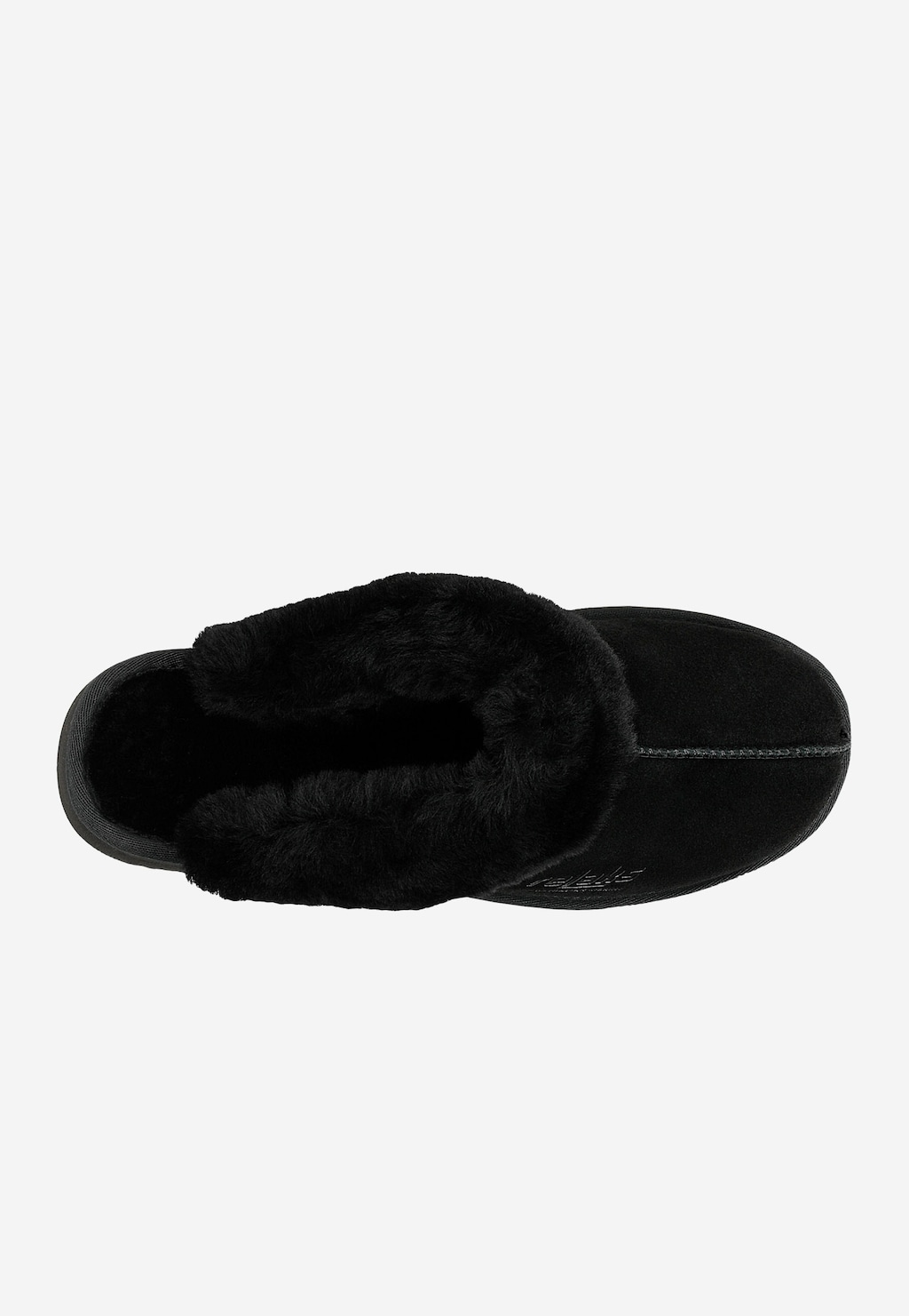 Czarne puchate kapcie Relaks R34001-61 z wełny merino, widok z góry ukazujący miękkie futrzane wykończenie i zamszową cholewkę z charakterystycznym szwem.