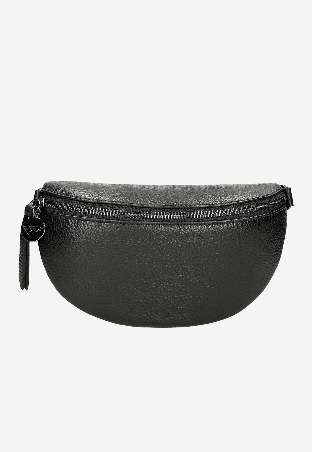 Pojemna czarna nerka Wojas model 80099-51 wykonana ze skóry o wyrazistej fakturze, z dużym zamkiem błyskawicznym i charakterystycznym brelokiem z logo marki.