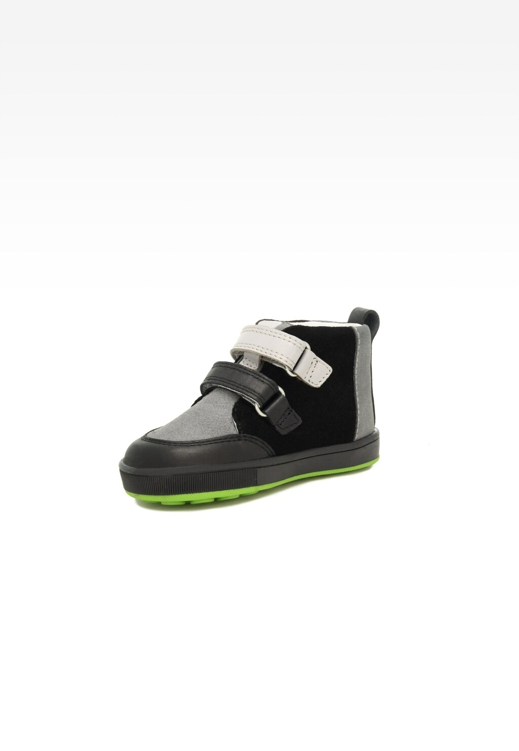Buciki dziecięce Bartek Mini first steps 13633005 dla chłopców w kolorze czarno-szarym z rzepami i zieloną podeszwą, idealne na pierwsze kroki.