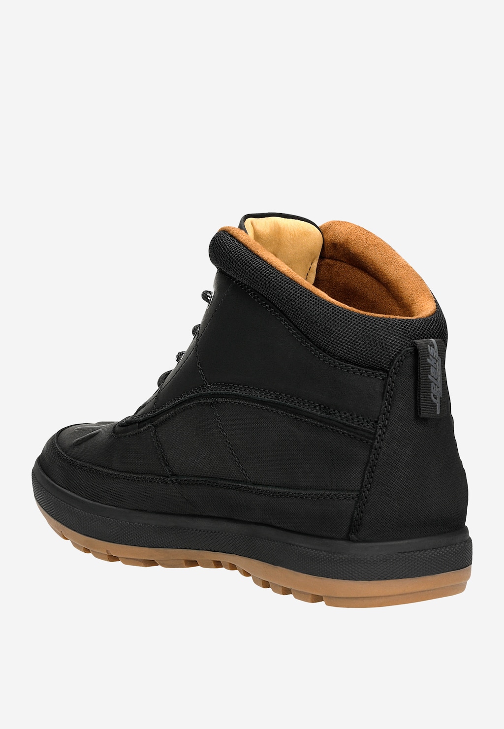 Czarne sneakersy męskie Relaks R24039-71 z tłoczonego nubuku, z pomarańczowym wykończeniem wnętrza i gumową podeszwą, ukazane z boku.