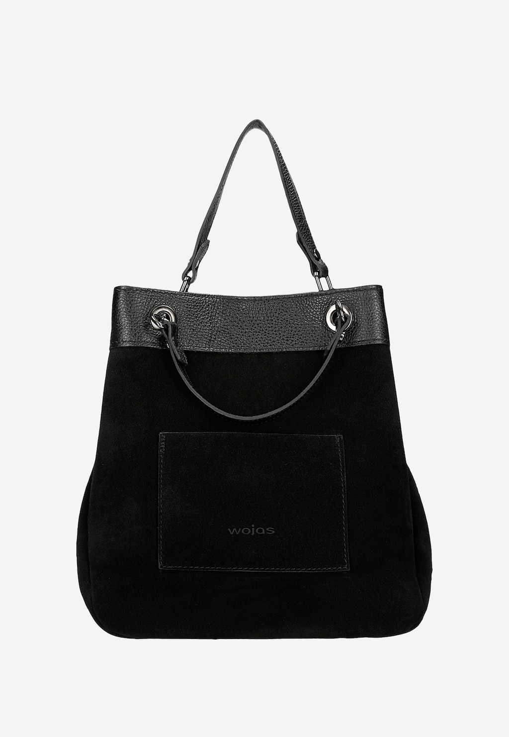 Elegancka czarna torebka damska Wojas model 8901-71 z zamszową fakturą i skórzanym wykończeniem. Posiada kieszeń z przodu oraz podwójne uchwyty ze srebrnymi okuciami.