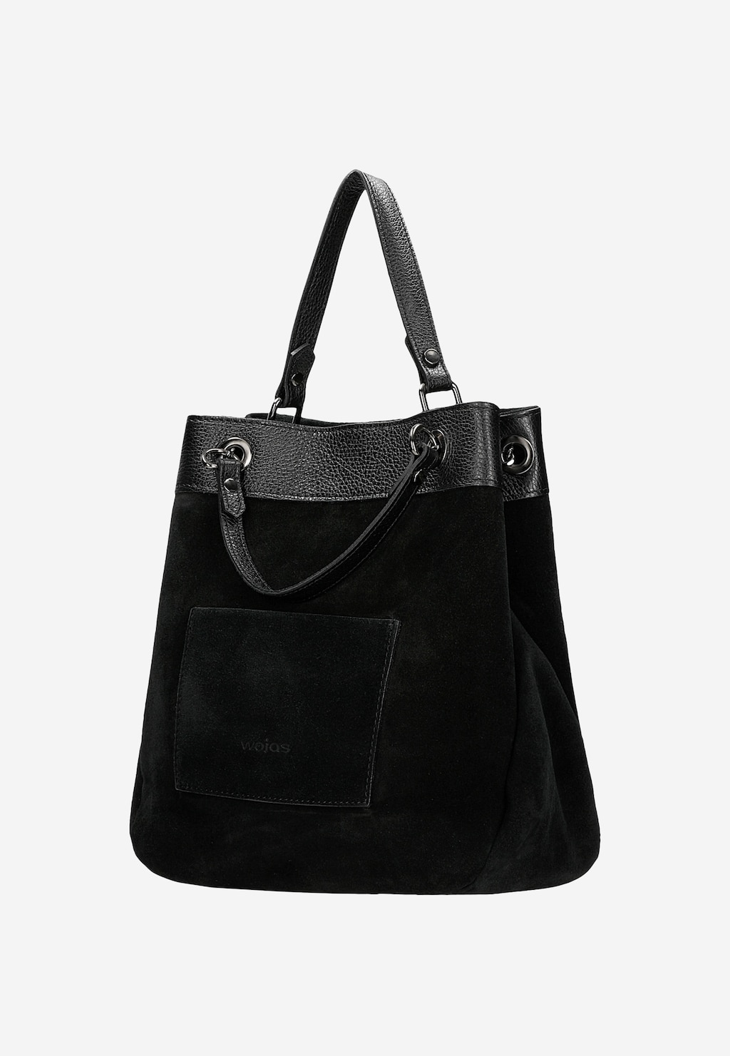 Elegancka czarna torebka damska Wojas model 8901-71 z zewnętrzną kieszenią. Wykonana z połączenia skóry i zamszu, z podwójnymi uchwytami i metalowymi elementami.