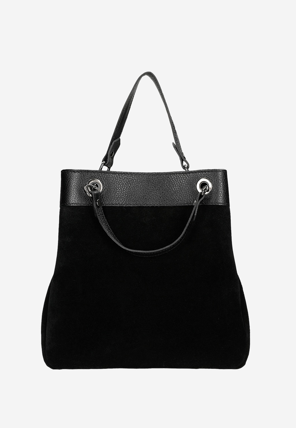 Elegancka czarna torebka damska Wojas model 8901-71 z zamszowym korpusem i skórzanym wykończeniem. Wyposażona w podwójne uchwyty i metalowe oczka.