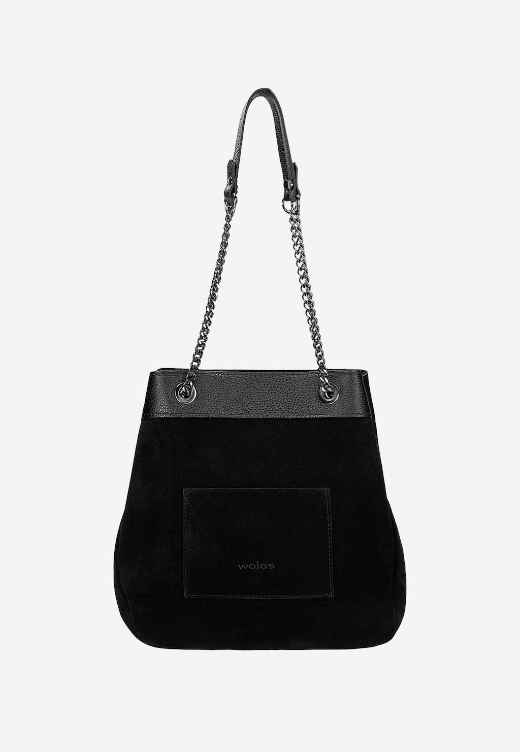 Elegancka czarna torebka damska Wojas 8901-71 z zamszową fakturą, kieszenią z przodu i metalowym łańcuszkiem. Stylowy dodatek na różne okazje.