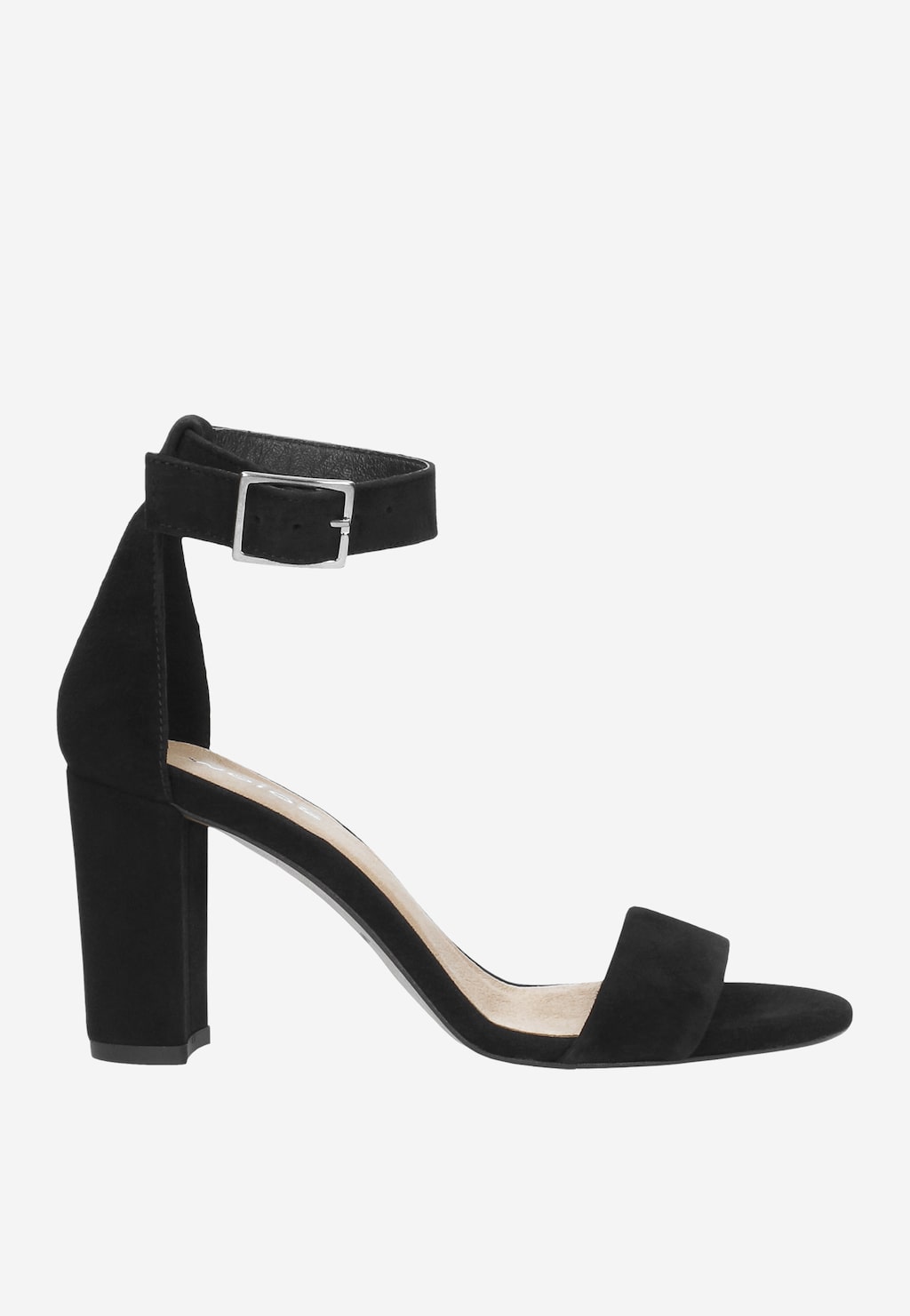 Czarne welurowe sandały damskie Wojas 76028-61 na słupku z kwadratową klamrą przy pasku na kostce i szerokim paskiem na przodzie stopy.