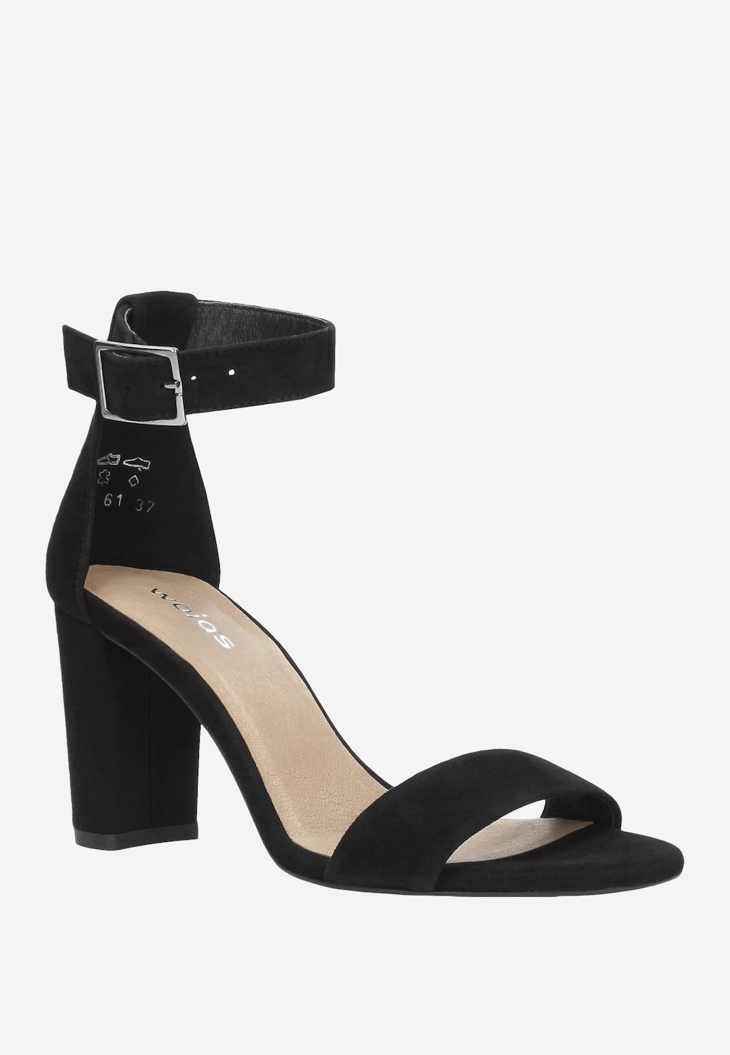 Czarne welurowe sandały damskie Wojas 76028-61 na eleganckim słupku z regulowanym paskiem na kostce i szerokim pasem na przodzie. Wygodna beżowa wkładka.