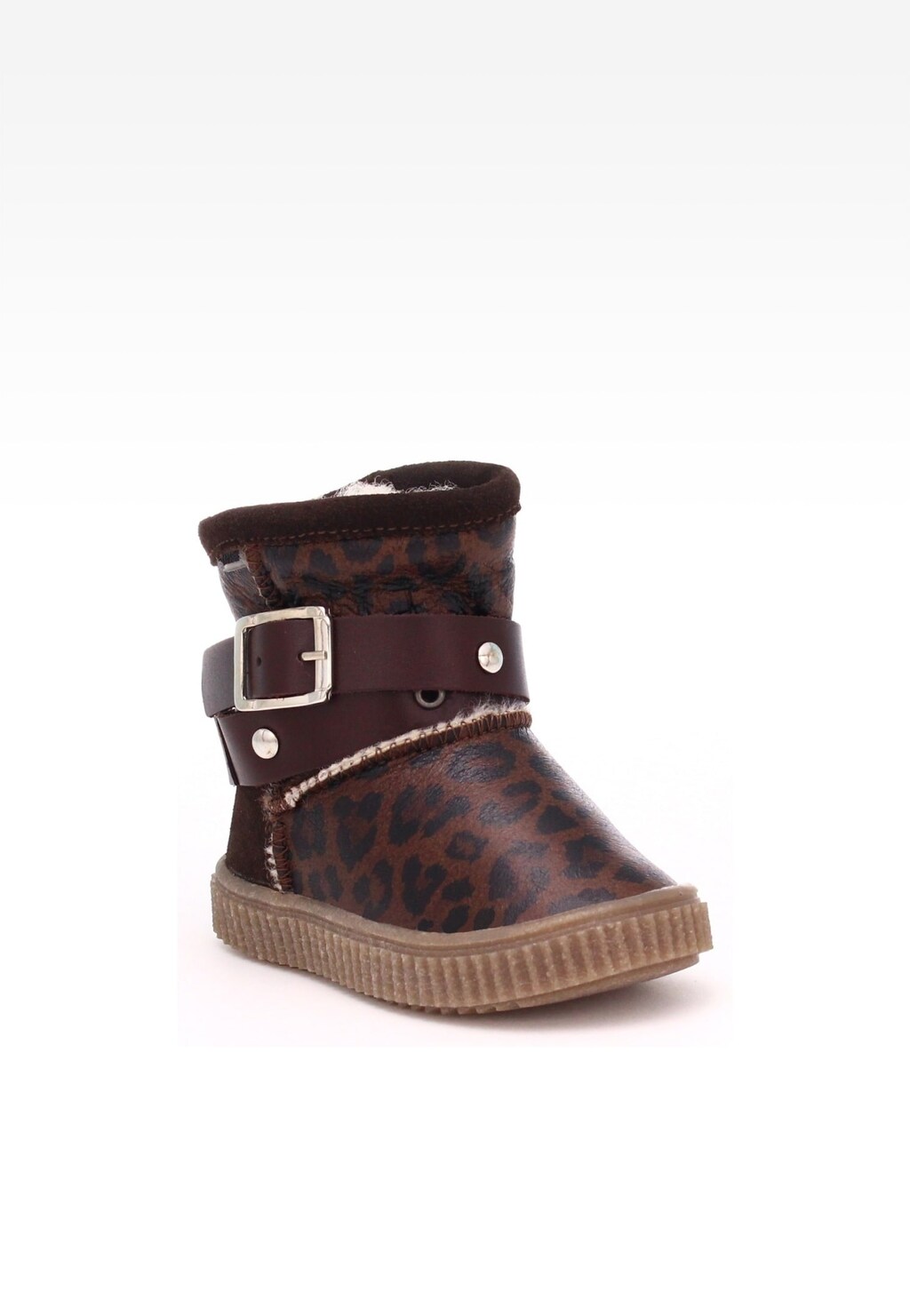 Kozaki ocieplane Bartek W-610670/OLL dla dziewcząt w brązowym kolorze z motywem zwierzęcym, ozdobione paskiem z klamrą oraz ociepleniem z futerka na podeszwie typu creeper.