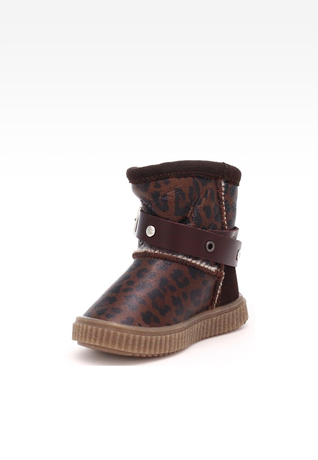 Brązowe kozaki ocieplane Bartek W-610670/OLL dla dziewcząt z wzorem w panterkę, skórzanym paskiem z ozdobnymi ćwiekami i grubą podeszwą.