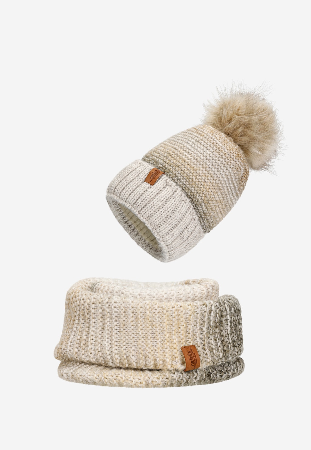 RELAKS beżowy cieniowany zestaw zimowy - czapka z pomponem i komin, model R96021-84. Dzianinowa czapka z futrzanym pomponem i pasujący komin ze skórzaną metką.