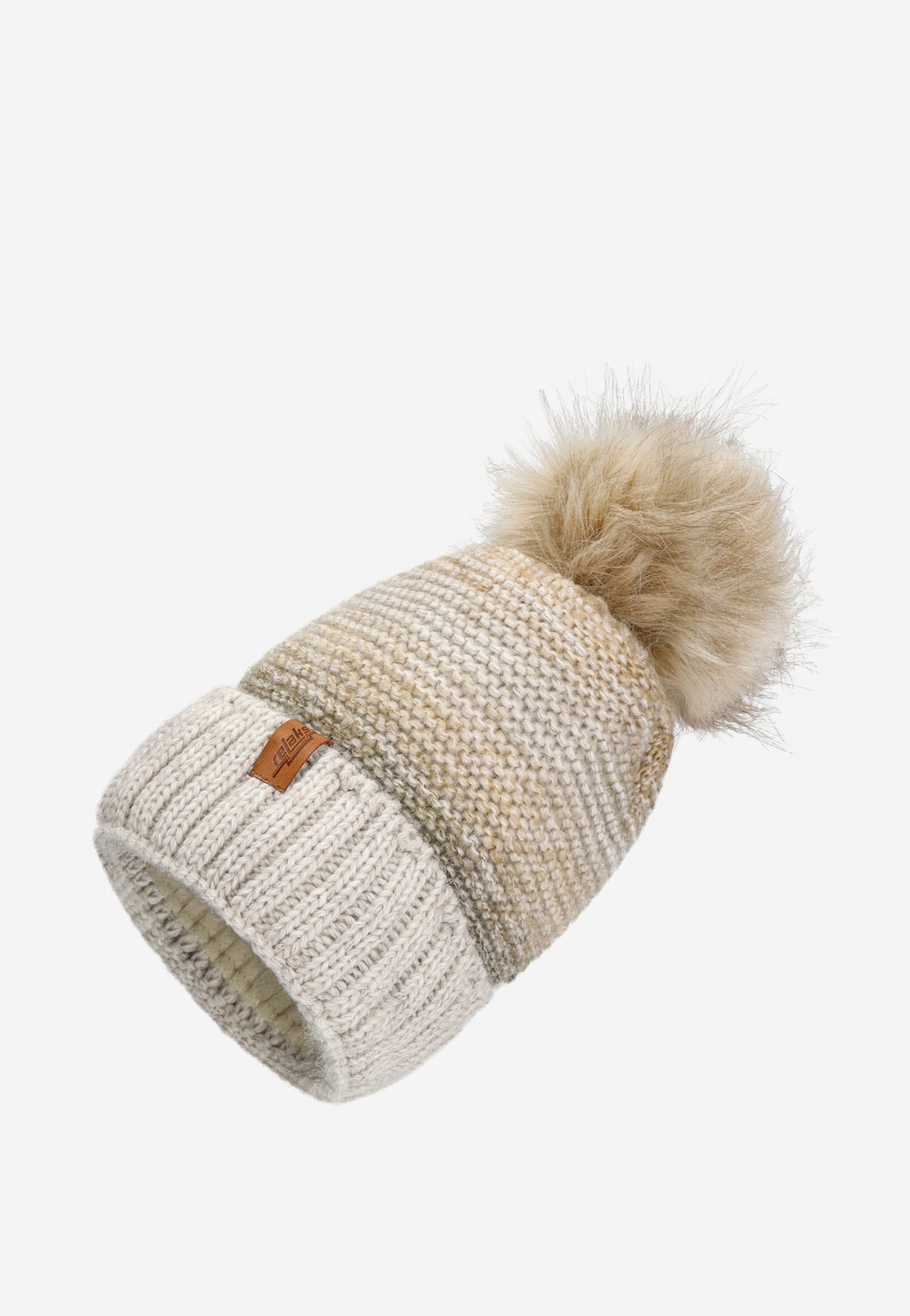 Beżowa czapka zimowa marki Relaks z cieniowanym wzorem, dużym puszystym pomponem i zawijaniem, część zestawu R96021-84 z kominem.