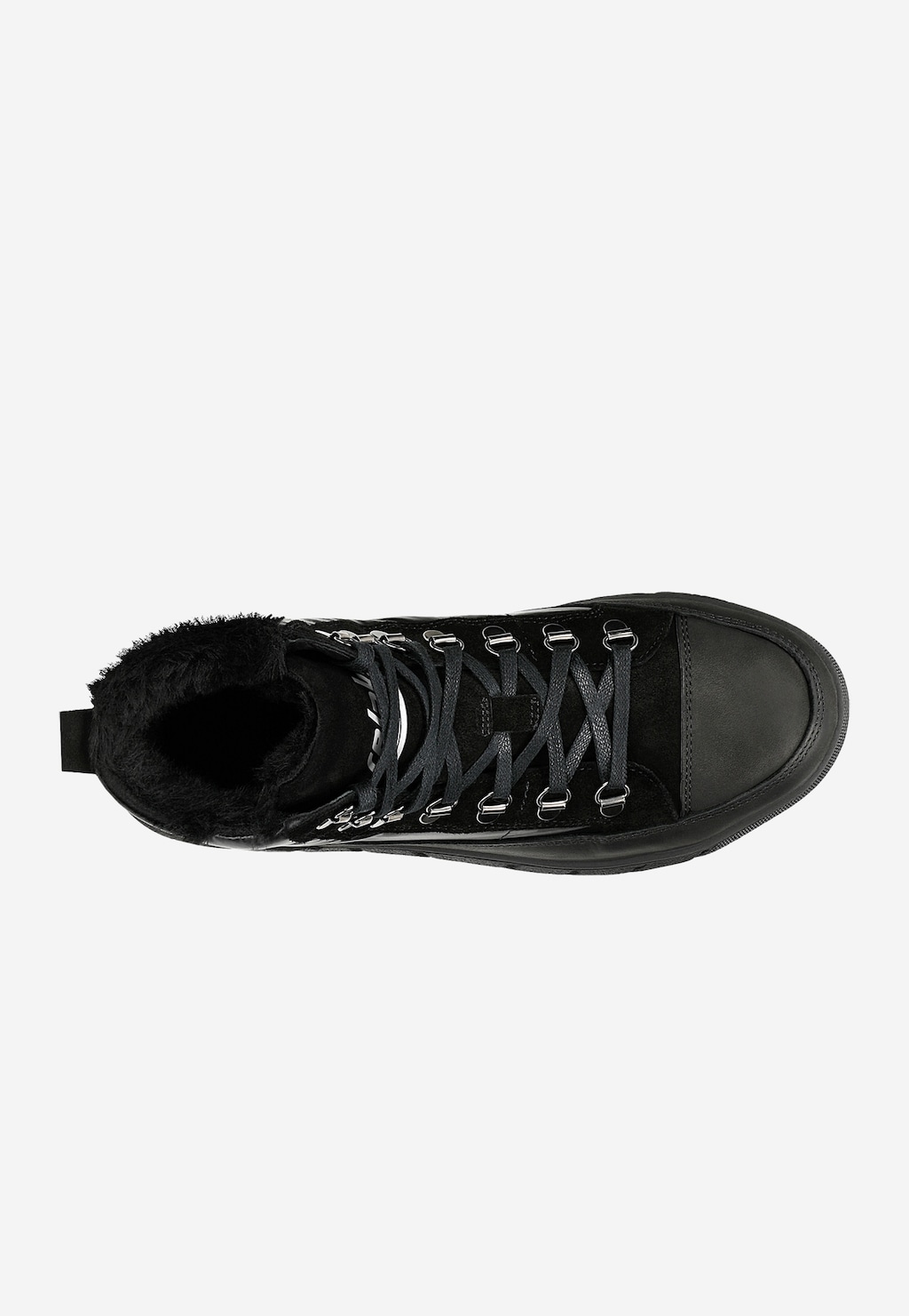 Czarne ocieplane trampki damskie RELAKS R64008-81 z widocznym futrzanym ociepleniem, metalowymi oczkami i sznurowadłami, widok z góry ukazujący wnętrze buta.