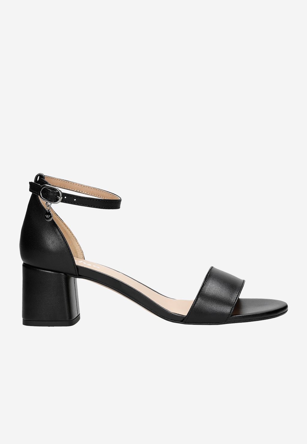 Czarne eleganckie sandały damskie Wojas 76038-51 z paskiem na kostce i szerokim przodzie, na stabilnym średnim obcasie kwadratowym, idealne na formalne okazje.