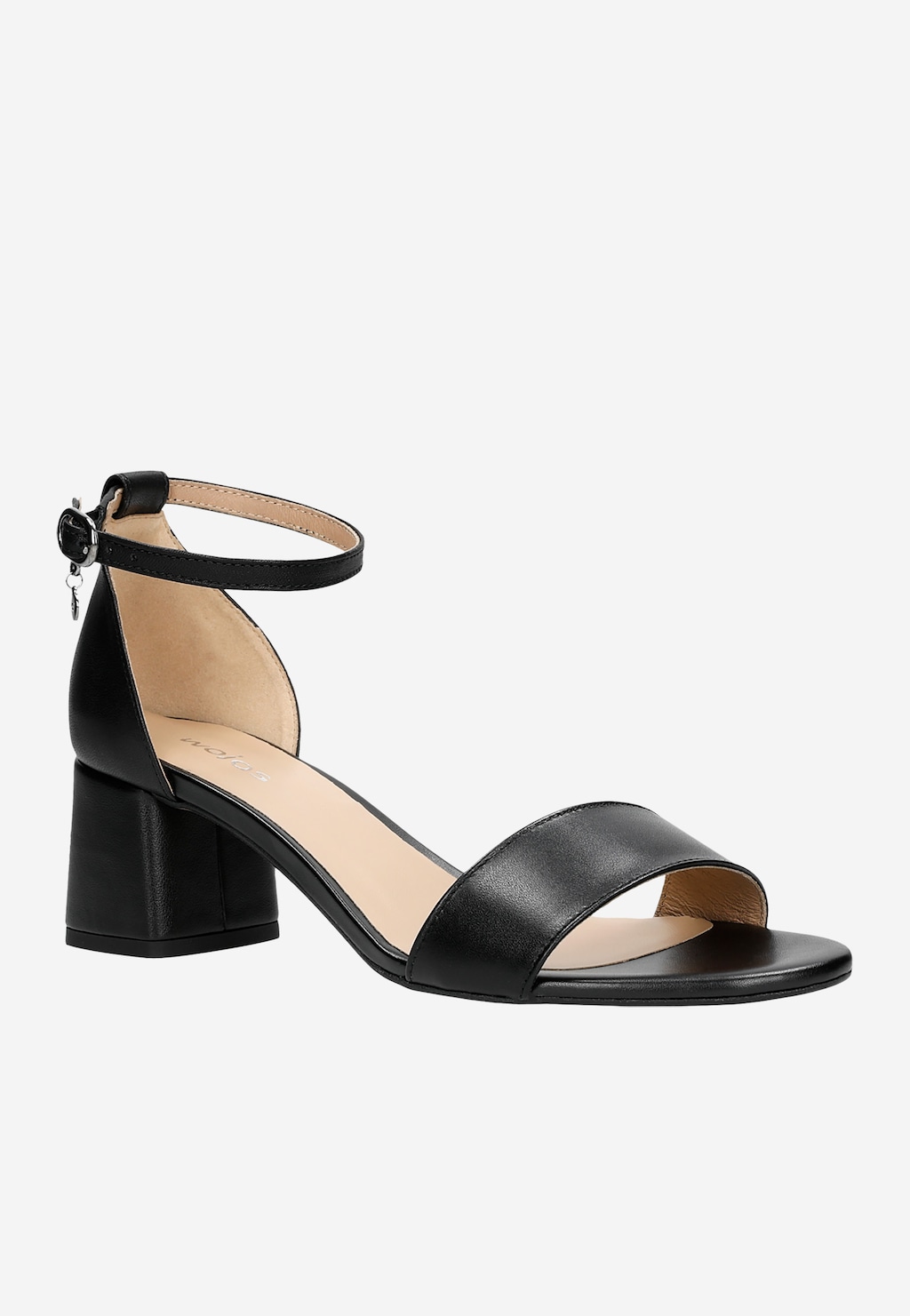 Czarne klasyczne sandały damskie Wojas model 76038-51 z szerokim paskiem na podbiciu, regulowanym zapięciem wokół kostki i stabilnym kwadratowym obcasem.