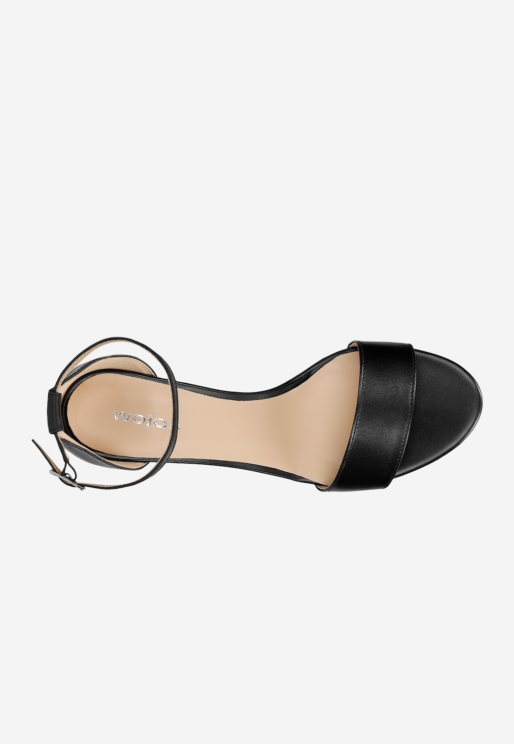 Czarne klasyczne sandały damskie Wojas model 76038-51 z eleganckim paskiem na kostce i szerokim przodu, widok z góry ukazujący beżową wkładkę i logo marki.