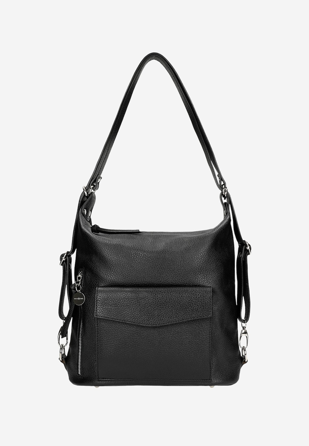 Elegancka czarna torebka plecak 2w1 Wojas model 8973-51 ze skórzanym uchwytem, przednimi kieszeniami i metalowymi zapięciami, umożliwiająca noszenie na ramieniu lub jako plecak.