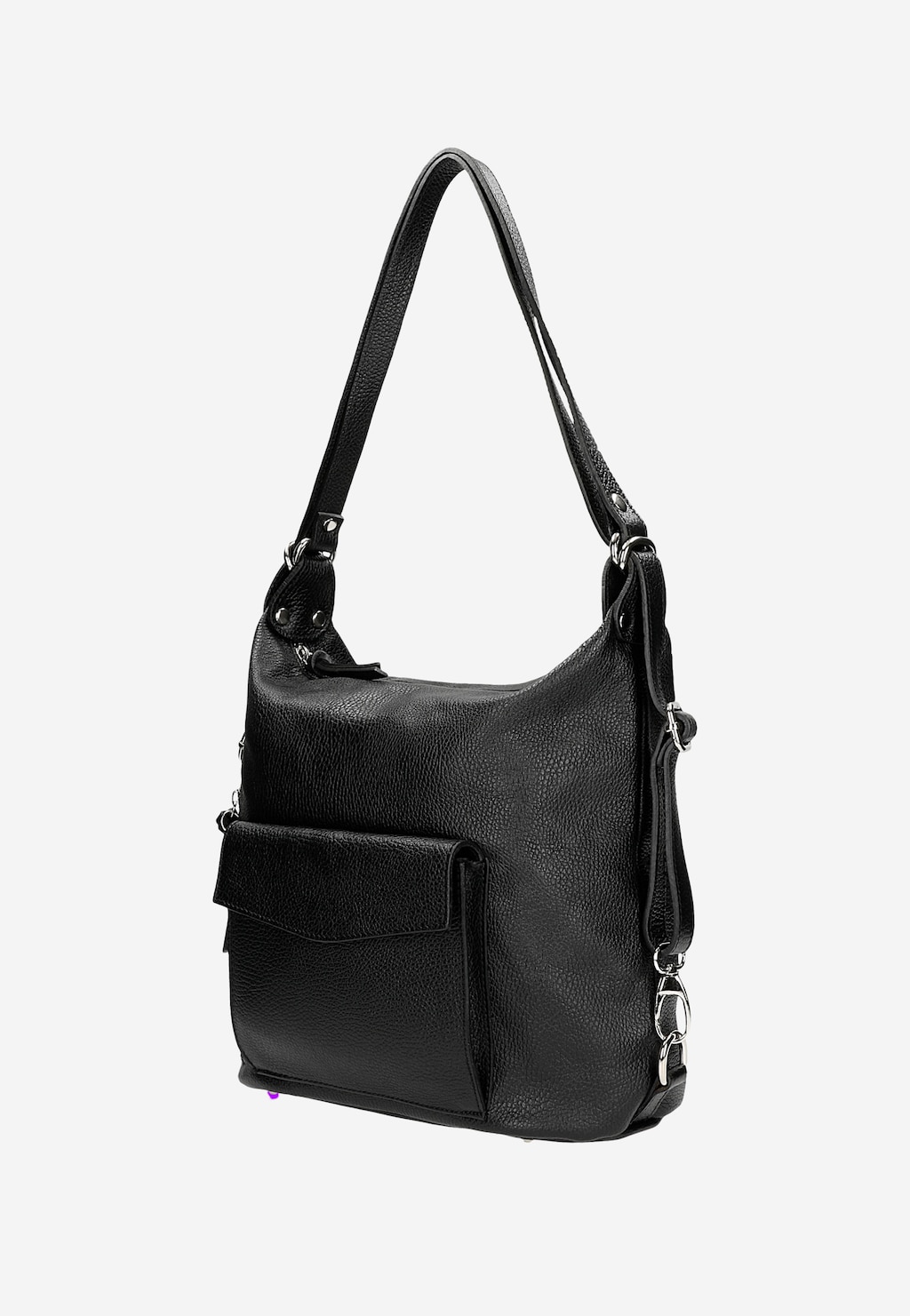 Czarna torebka plecak 2w1 Wojas model 8973-51 z regulowanym paskiem i kieszenią zewnętrzną, wykonana ze skóry ziarnistej z metalowymi elementami.