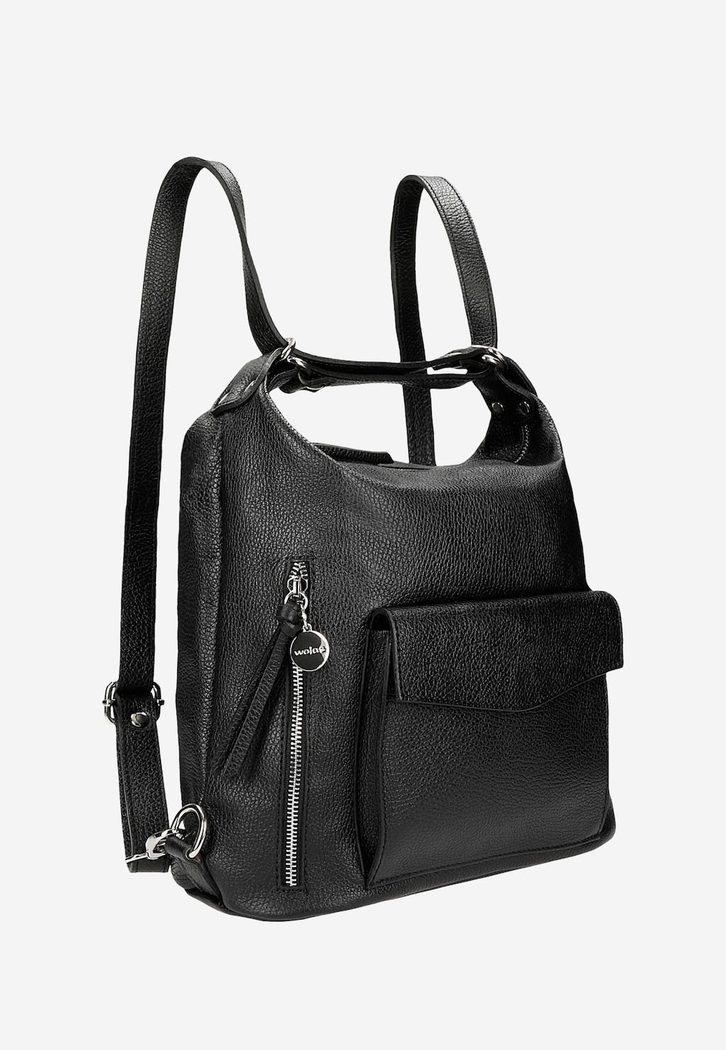 Elegancka czarna torebka plecak 2w1 Wojas model 8973-51 z fakturowanej skóry, wyposażona w kieszeń z przodu, zamek błyskawiczny z zawieszką oraz regulowane paski na ramię.
