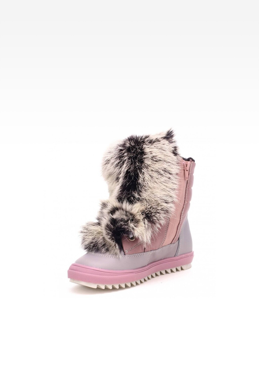 Trzewiki ocieplane Bartek 4769L-89FX II dla dziewcząt w kolorze różowo-srebrnym z ozdobnym futrzanym wykończeniem, bocznym zamkiem i profilowaną podeszwą.