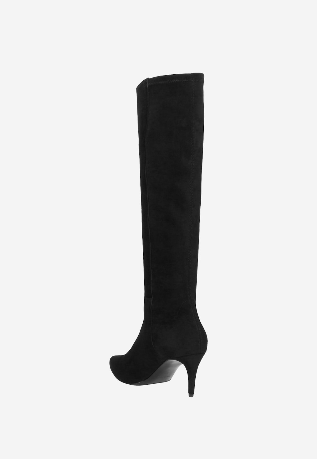 Czarne kozaki damskie Wojas model 9664-81 z widokiem z boku, wykonane z zamszowego materiału, na smukłym obcasie, sięgające powyżej kolana.