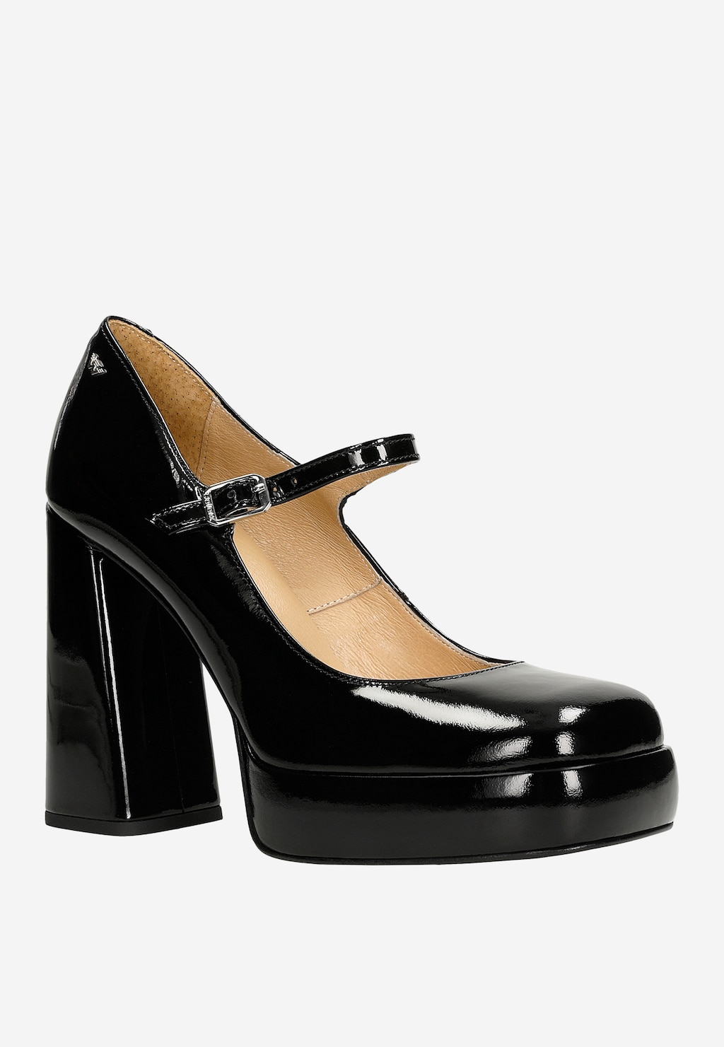 Czarne lakierowane czółenka Wojas Mary Jane model 35117-31 z platformą i wysokim masywnym obcasem, ozdobione paskiem z klamrą na podbiciu, beżowa wyściółka wewnętrzna.