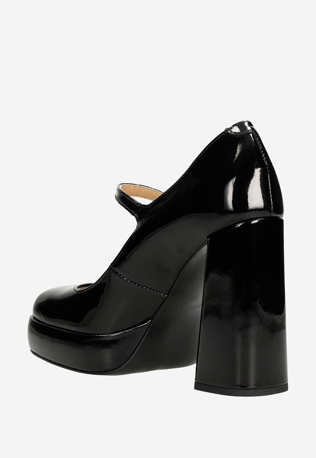 Czarne lakierowane czółenka Mary Jane Wojas 35117-31 z paskiem na podbiciu, grubym wysokim obcasem i platformą, widoczne z boku w eleganckim połyskującym wykończeniu.