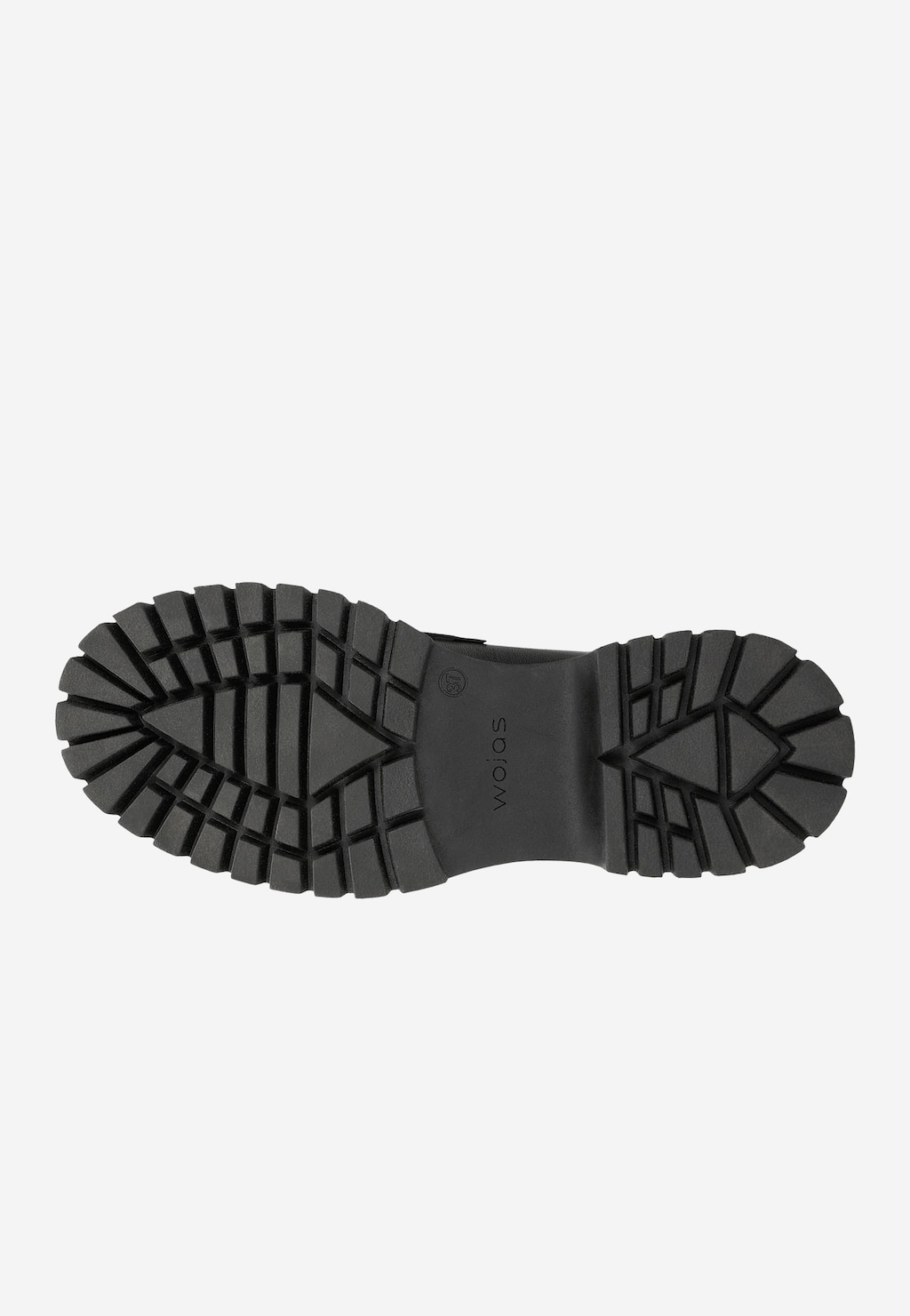 Czarna, masywna podeszwa mokasynów damskich Wojas model 46198-51 z wyraźnym protektorem zapewniającym przyczepność. Widoczne logo marki na środku podeszwy.