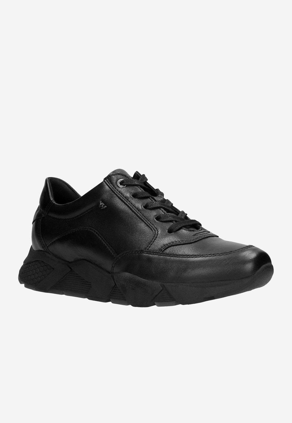 Czarne skórzane półbuty damskie Wojas model 9406-51 z masywną podeszwą, sznurowane, o sportowym charakterze, widoczne z boku, wykonane z wysokiej jakości czarnej skóry.