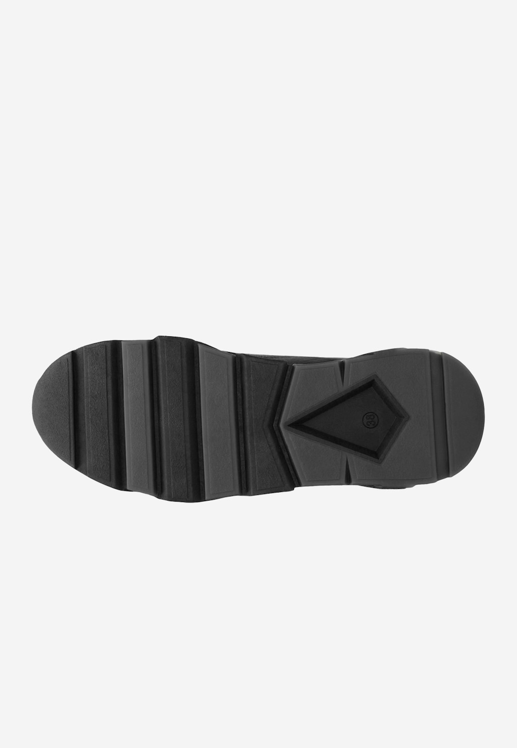 Czarna, gruba podeszwa z wyrazistym bieżnikiem do czarnych półbutów damskich Wojas model 9406-51, widok od spodu z charakterystycznym geometrycznym wzorem.