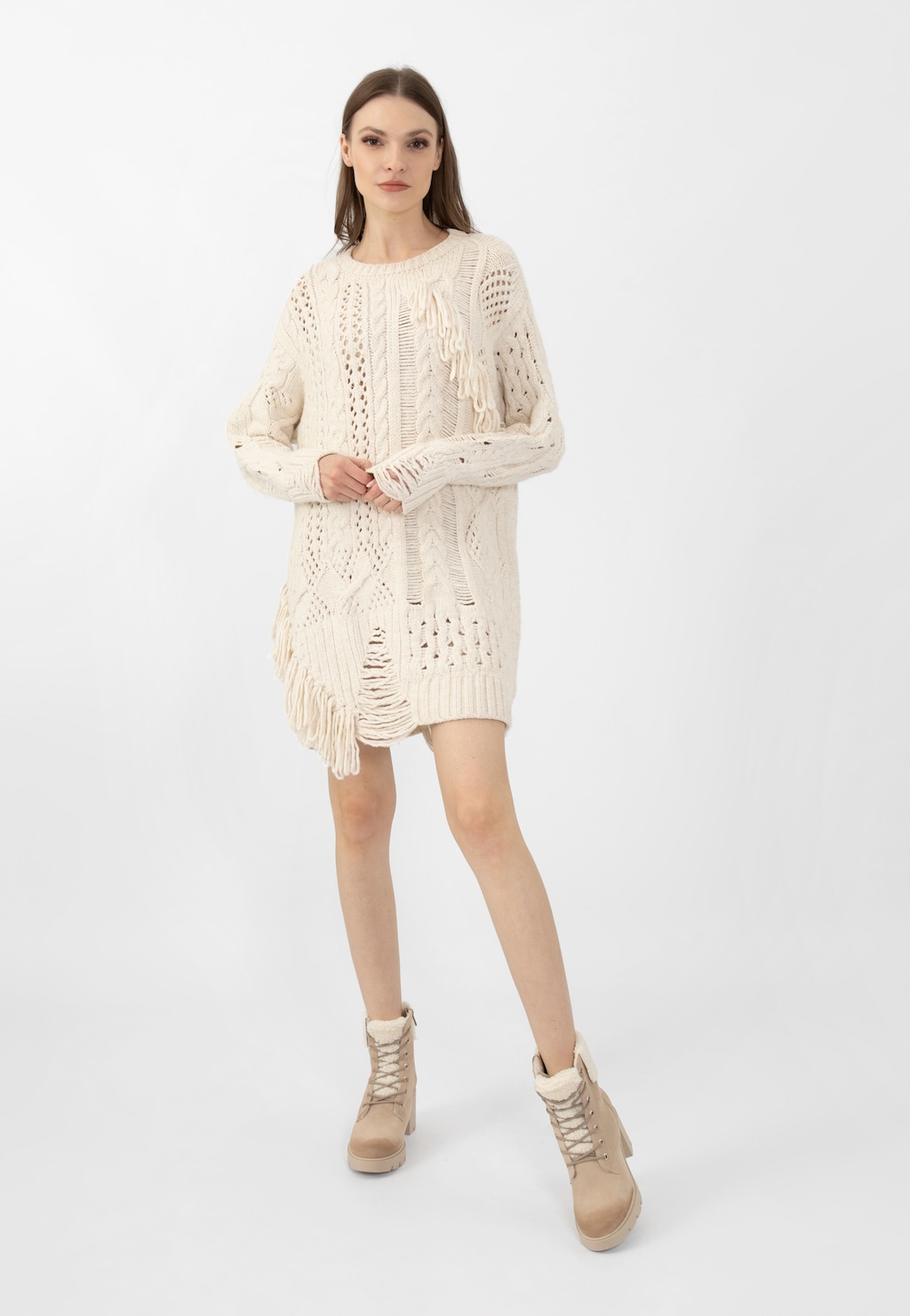 Beżowe trzewiki damskie z kożuchem na słupku 64064-64 Widok 7