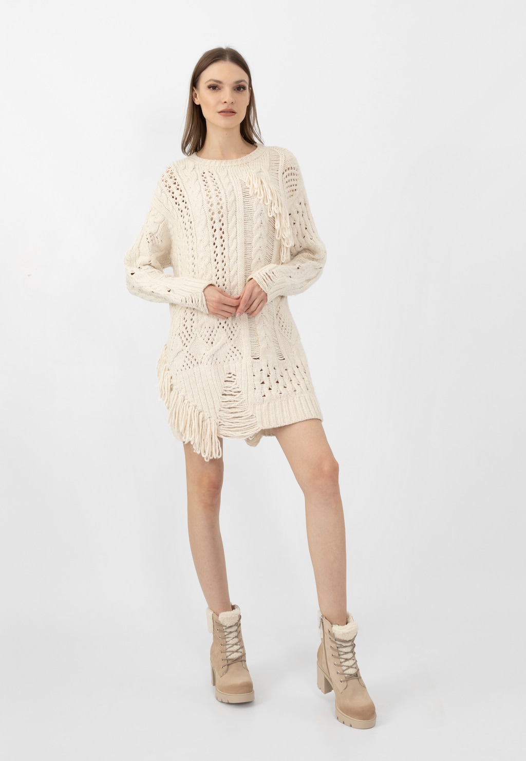 Beżowe trzewiki damskie z kożuchem na słupku 64064-64 Widok 1