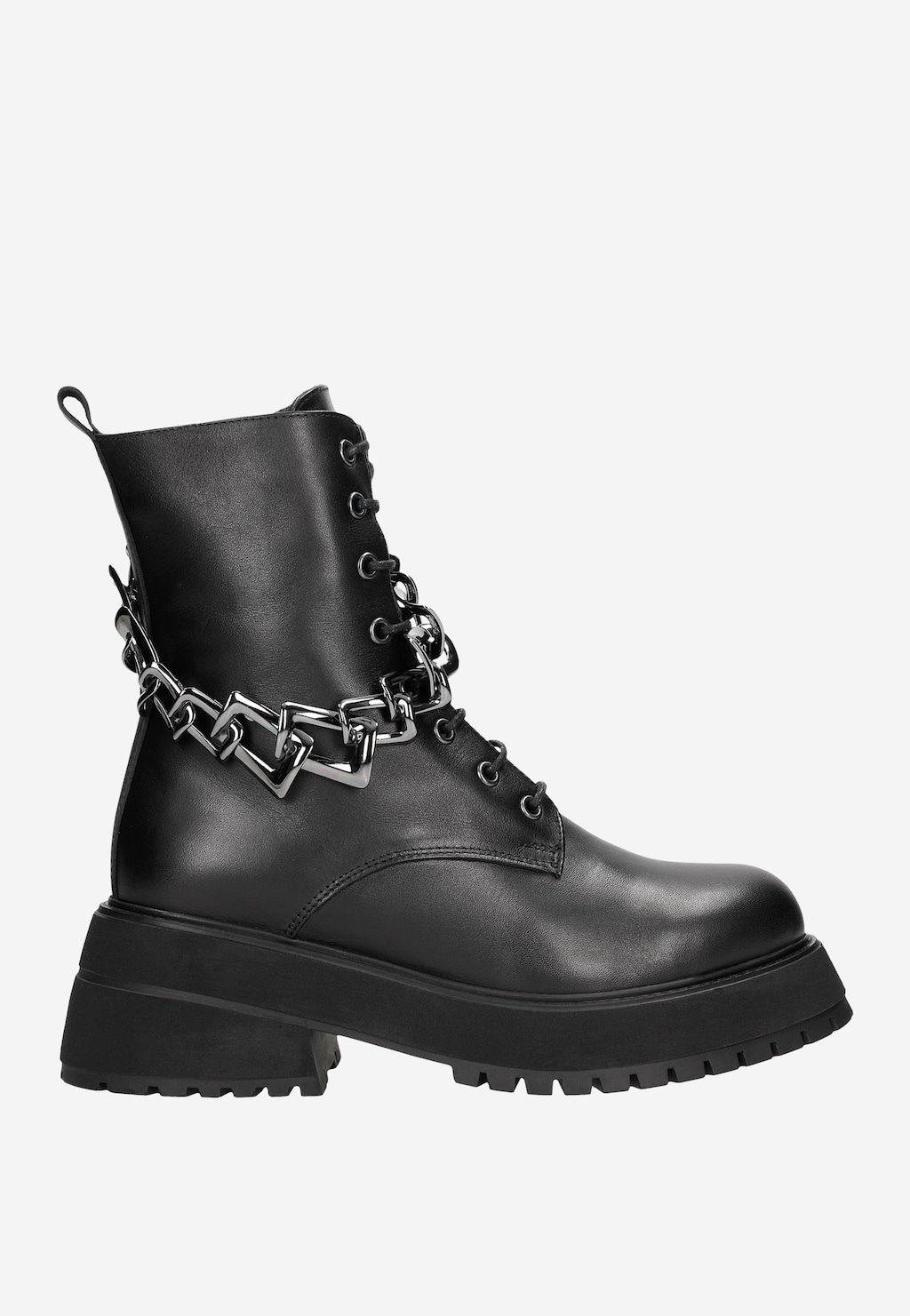 Czarne skórzane trzewiki damskie ze srebrnym łańcuchem 64086-51 Widok 2