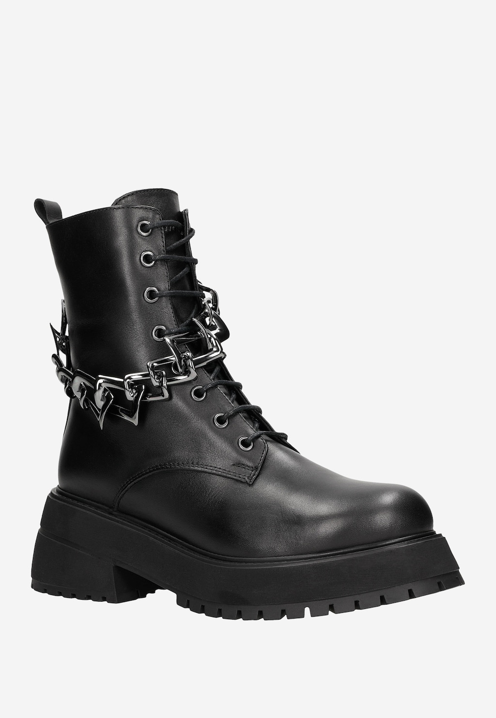 Czarne skórzane trzewiki damskie ze srebrnym łańcuchem 64086-51 Widok 3