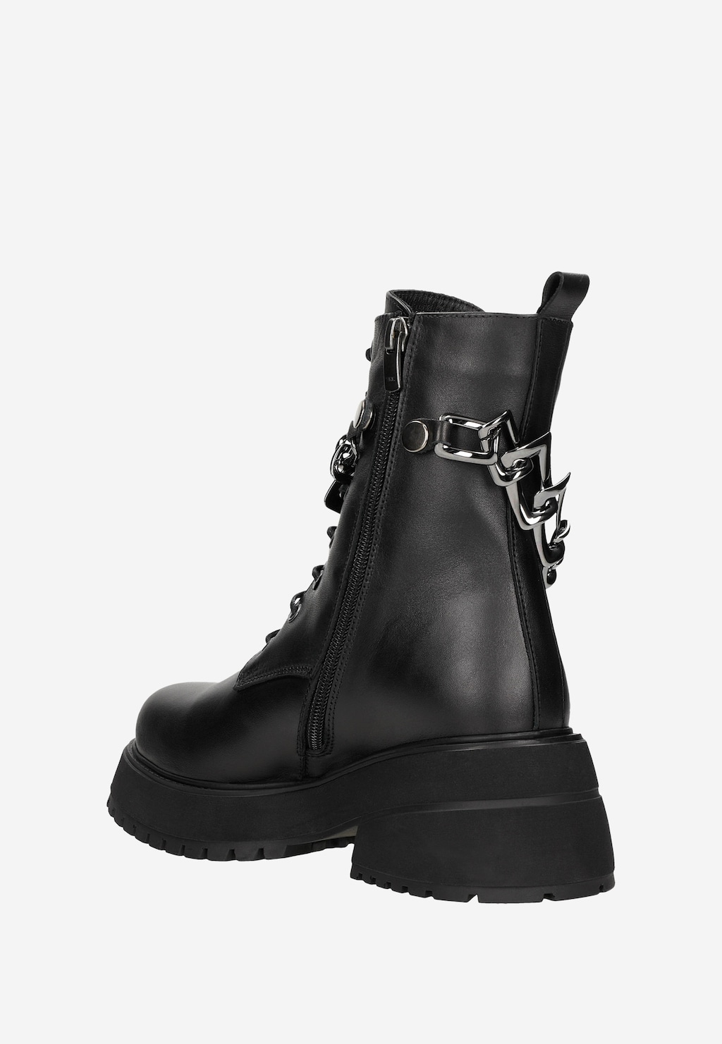 Czarne skórzane trzewiki damskie ze srebrnym łańcuchem 64086-51 Widok 4