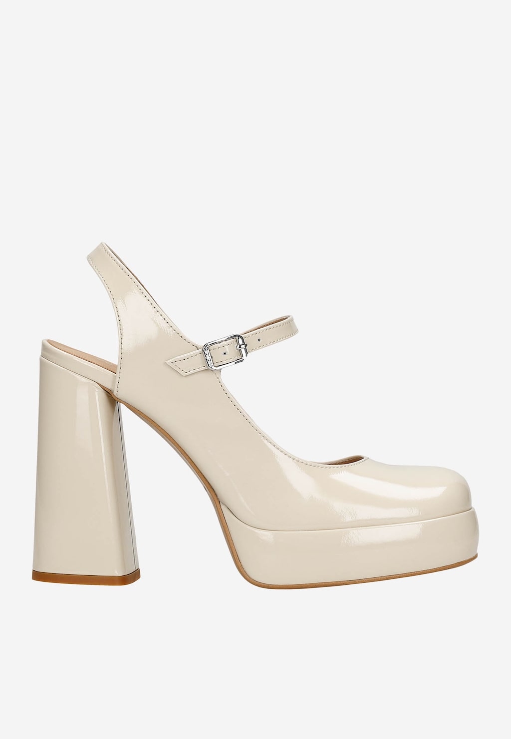 Beżowe czółenka Wojas 35124-34 z lakierowaną cholewką, zapinane na pasek z klamrą, na masywnym słupku i platformie, elegancki fason idealny do stylizacji biznesowych.