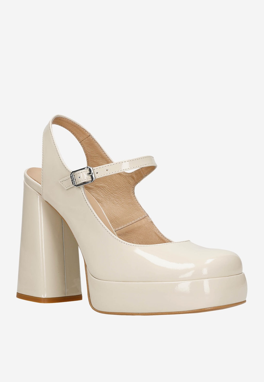 Eleganckie beżowe czółenka Wojas 35124-34 z lakierowanej skóry na wysokiej platformie i masywnym słupku, zapinane na pasek z klamrą przy kostce.