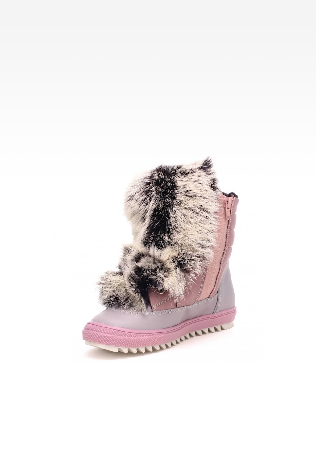 Trzewiki ocieplane BARTEK dla dziewcząt w kolorze różowo-srebrnym, model 7769L-89FX II, z puszystym futrzanym wykończeniem i zamkiem błyskawicznym z boku.