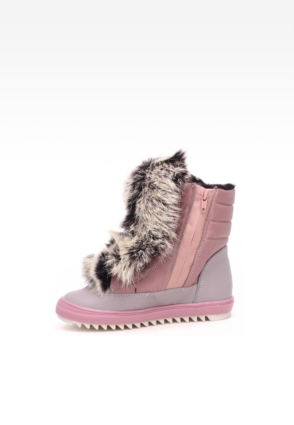 Różowo-srebrne trzewiki ocieplane BARTEK 7769L-89FX II dla dziewcząt, z ozdobnym puszystym futerkiem w kolorze szaro-czarnym i bocznym zamkiem, na profilowanej podeszwie.