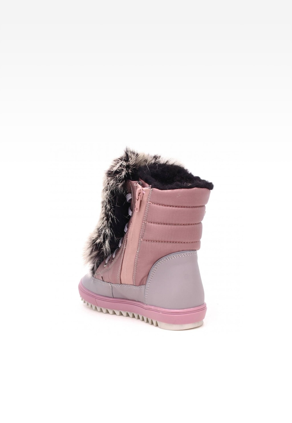 Dziewczęcy trzewik ocieplane Bartek 7769L-89FX II w kolorze różowo-srebrnym, z futrzanym wykończeniem, bocznym zamkiem i pikowaną cholewką, widok z tyłu i boku.