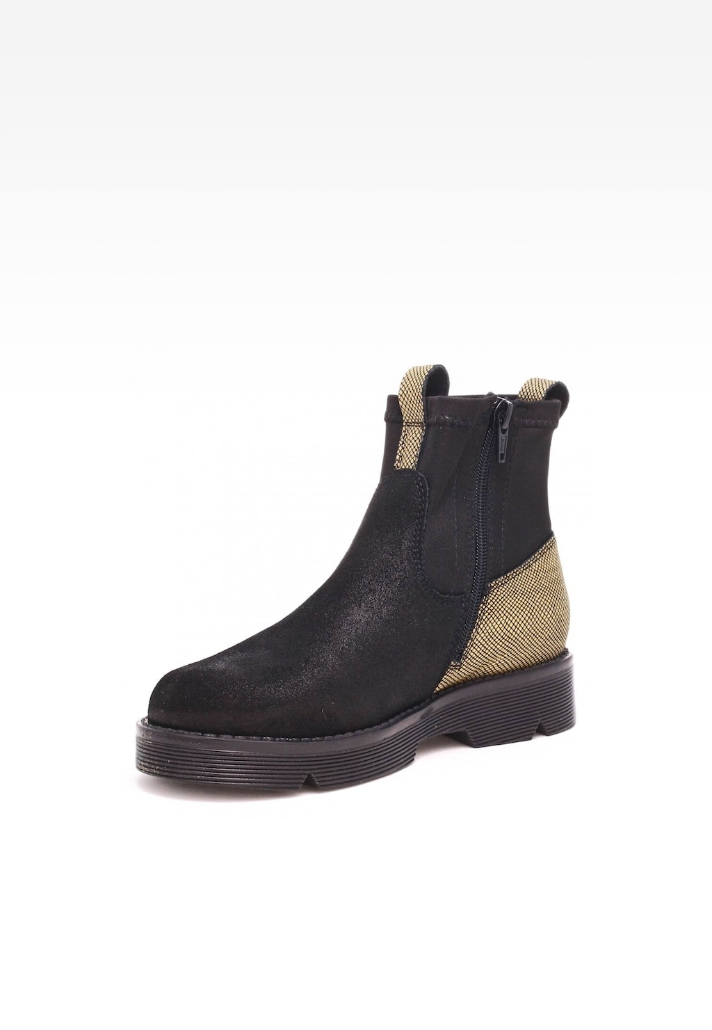 Trzewiki ocieplane Bartek 4334-12RP dla dziewcząt w kolorze czarno-złotym, z bocznym zamkiem, ozdobnymi złotymi wstawkami i grubą podeszwą.