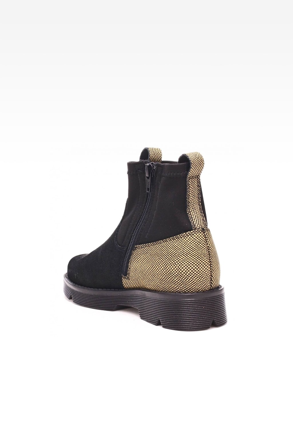 Trzewiki ocieplane Bartek 4334-12RP dla dziewcząt w kolorze czarno-złotym, widok z tyłu ukazujący złotą wstawkę i boczny zamek błyskawiczny na czarnej cholewce.