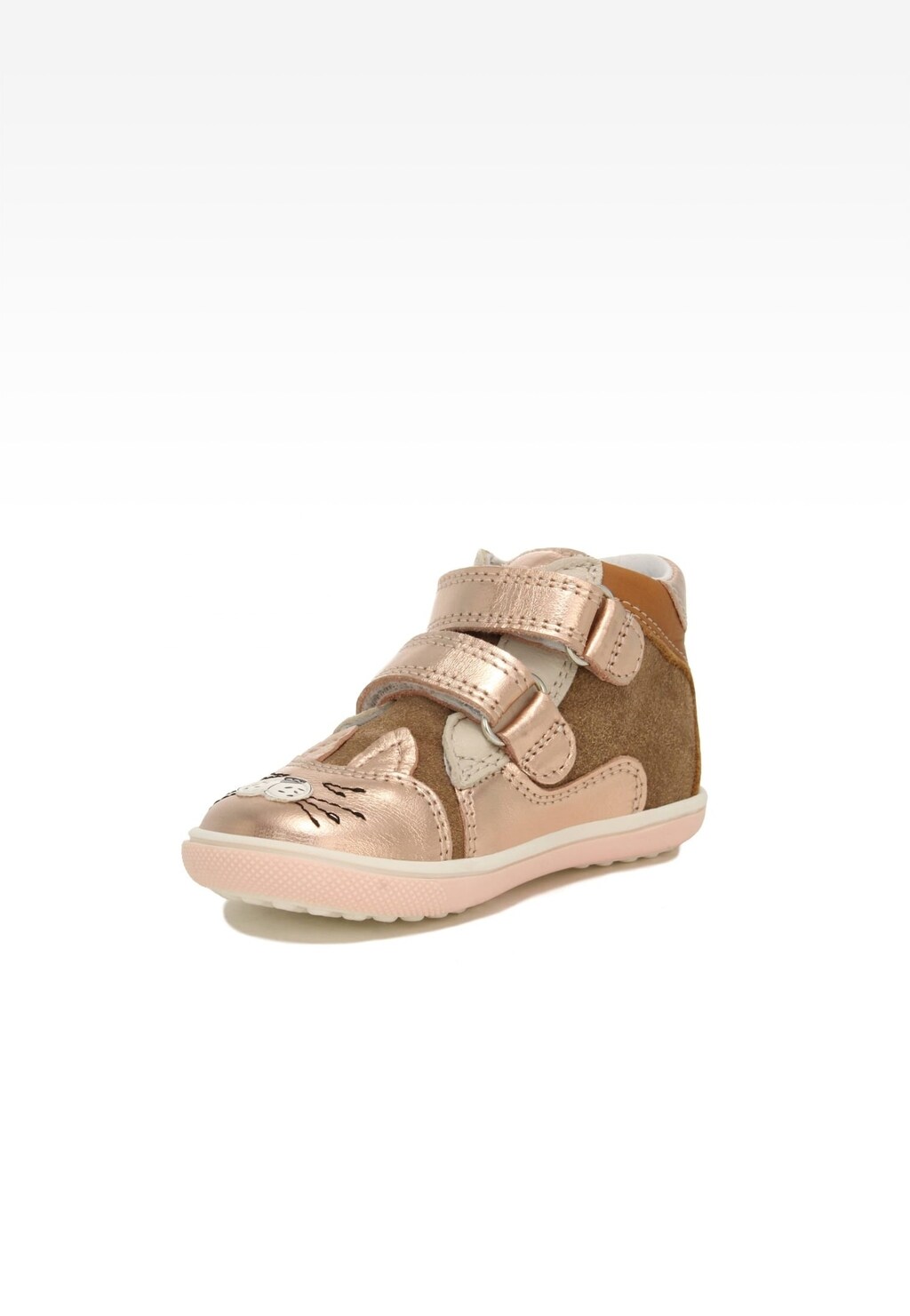 Trzewiki dziecięce BARTEK 11702-032 w beżowo-złotym kolorze z motywem kotka, zapinane na rzepy. Buty dla dziewczynki z ozdobnymi przeszyciami i miękką podeszwą.