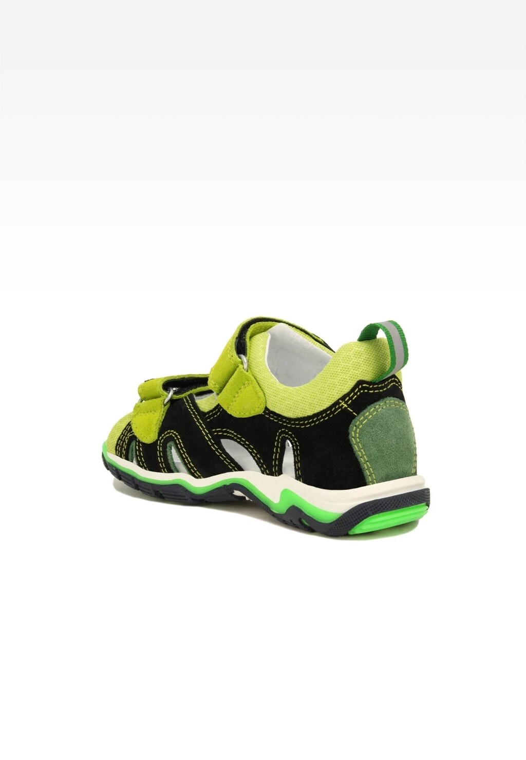 Obuwie profilaktyczne Bartek 16187-018 dla chłopców w czarno-zielonej kolorystyce, z rzepem, amortyzującą podeszwą i zielonymi akcentami, widok z boku.