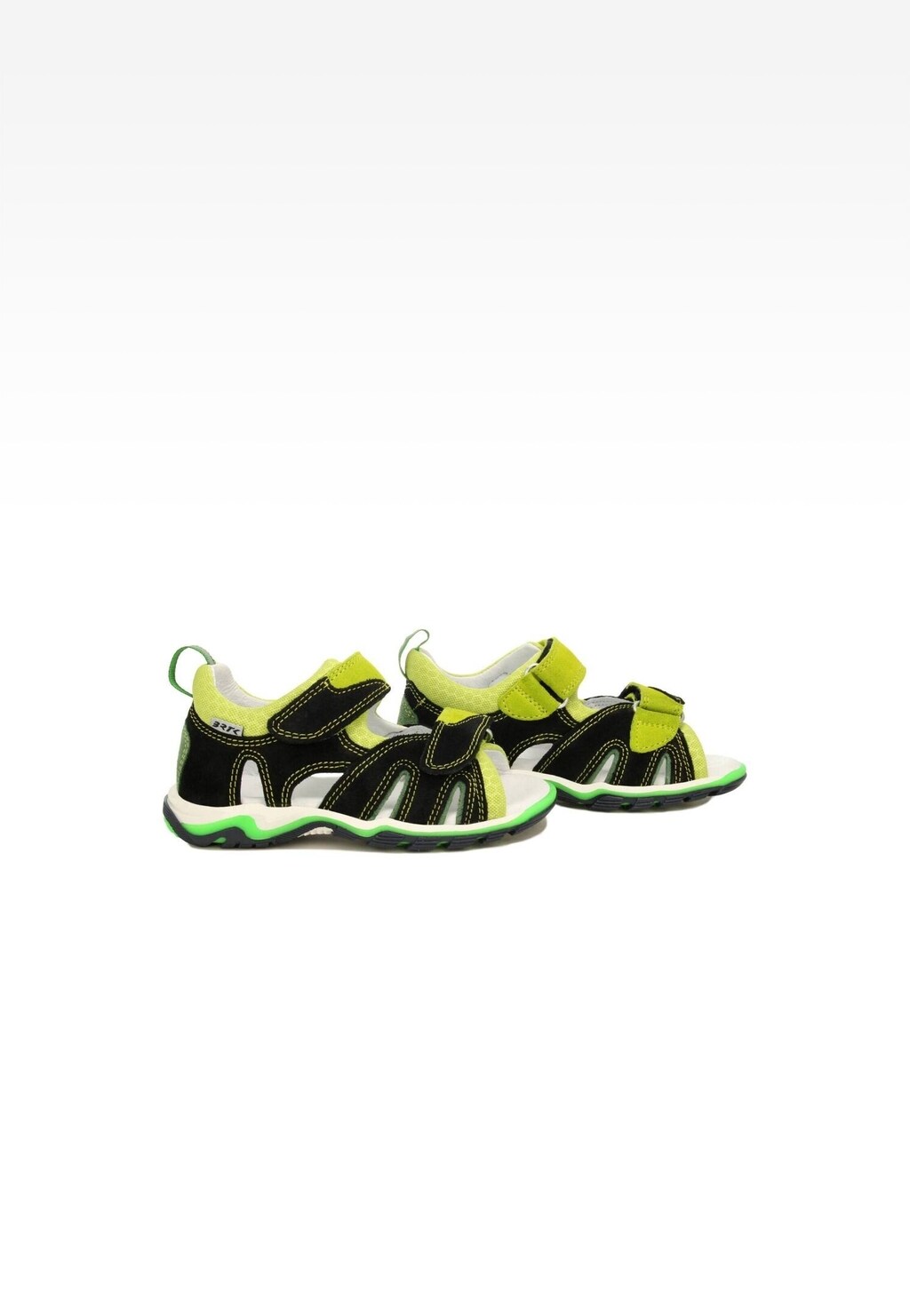 Chłopięce obuwie profilaktyczne Bartek 16187-018 - czarno-zielone sandały z rzepami, zielonymi akcentami i profilowaną podeszwą, widok z boku.