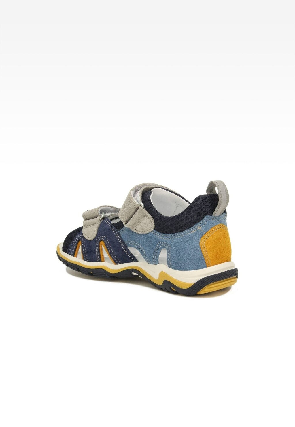 Granatowo-niebieskie sandały dziecięce Bartek 19187-017 z rzepem i żółtymi akcentami, widok z boku, podeszwa antypoślizgowa, idealne na lato dla chłopców.