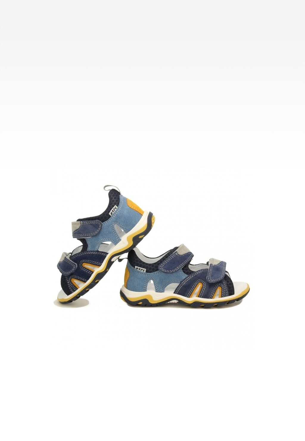 Granatowo-niebieskie sandały Bartek 19187-017 dla chłopców z rzepami, pokazane z dwóch stron. Model z żółtymi akcentami i wygodną podeszwą.