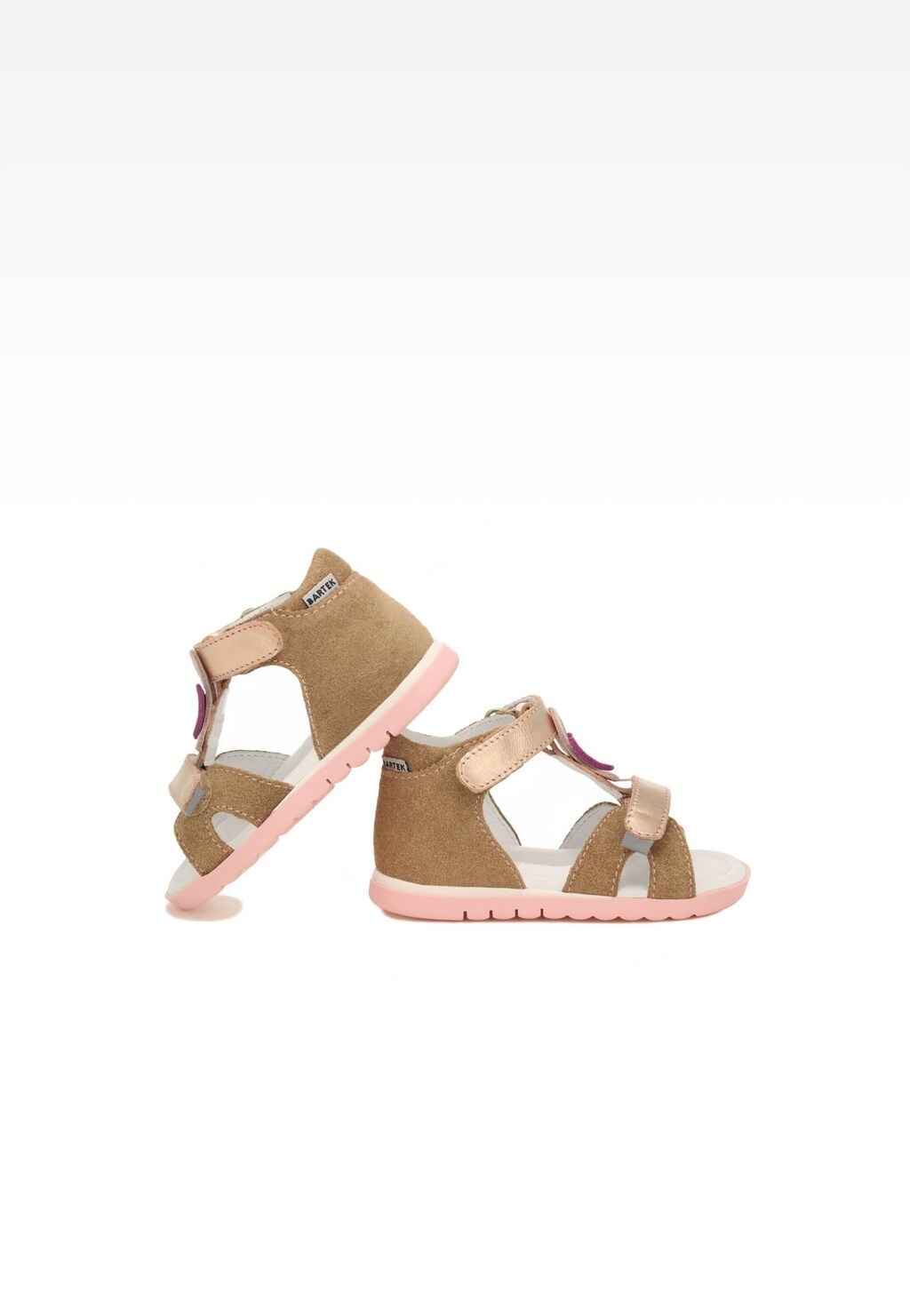 Beżowo-złote sandały dziewczęce BARTEK 11414010 z zamszową cholewką, różową podeszwą i ozdobnymi zapięciami na rzepy, idealne na lato.